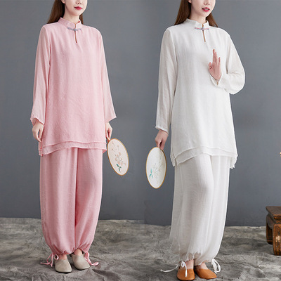 Women 's tai chi clothing Lay people female Buddha zen kung fu suit ladies' Chinese wind cotton and linen series clothes zen yoga suit taiji morning uniforms