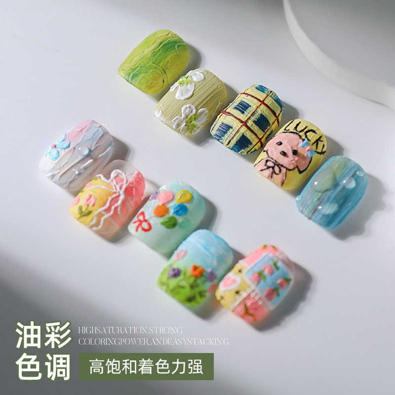 Nuevo pegamento para pintura al óleo para uñas, pegamento para esmalte de uñas, textura brillante, polvo de frotamiento tridimensional desechable, juego de pegamento para uñas pintado en relieve