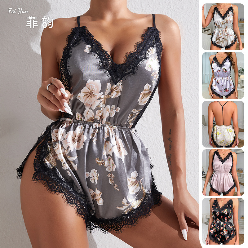 Feiyun New Sexy Temptation Camisole Shorts Pajamas Unibody Ice Silk Nightdress Multicolor V-Neck Home Clothes 441