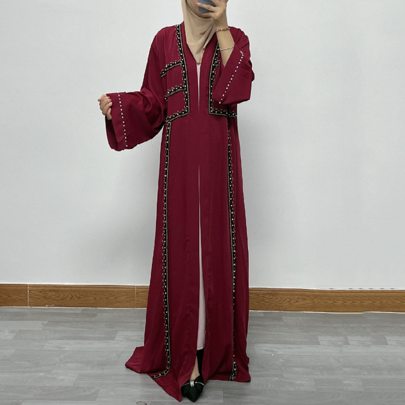 F332 Cross-Border Foreign Trade Women's Long Dress Middle East Dubai Embroidered Lace Pearl Beaded Cardigan Robe In_ecoleips.com