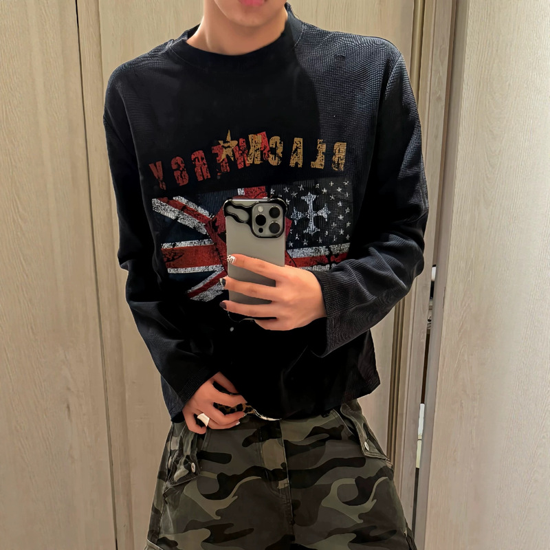 Cross-border 2026 new American-style casual streetwear star-spangled long-sleeve men's T-shirt, washed and distressed waffle knit sweatshirt, trendy Cross-border 2026 new American-style casual streetwear star-spangled long-sleeve men's T-shirt, washed and distressed waffle knit sweatshirt, trendy