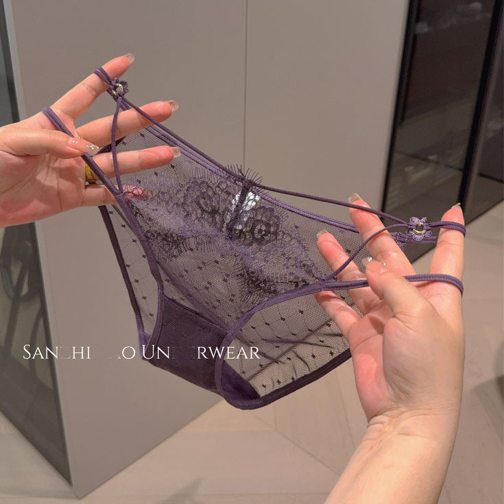 Sexy Lace Panties for Women with Hollow Mesh Temptation, Cross Thin Straps, Pure Cotton Crotch Briefs