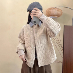 古咖服饰秋冬菱格绗线夹棉棉服女文艺撞色翻领单排扣宽松长袖外套