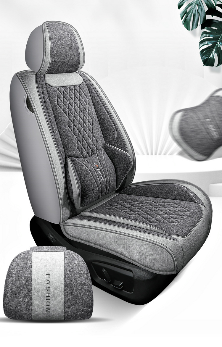 L5U Fully Enclosed Breathable Seat Cushion Cover Linen Fabric Car Seat Cover Full Set for Five Seats in the Car All-Season Car Seat Cushion