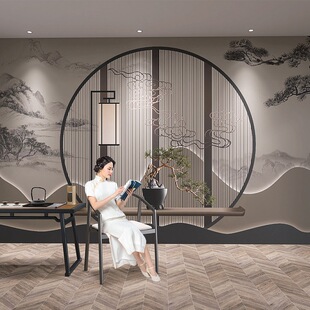3d中式国风直播间背景墙壁纸汉服服装店装饰复古墙布水墨山水墙纸-阿里巴巴