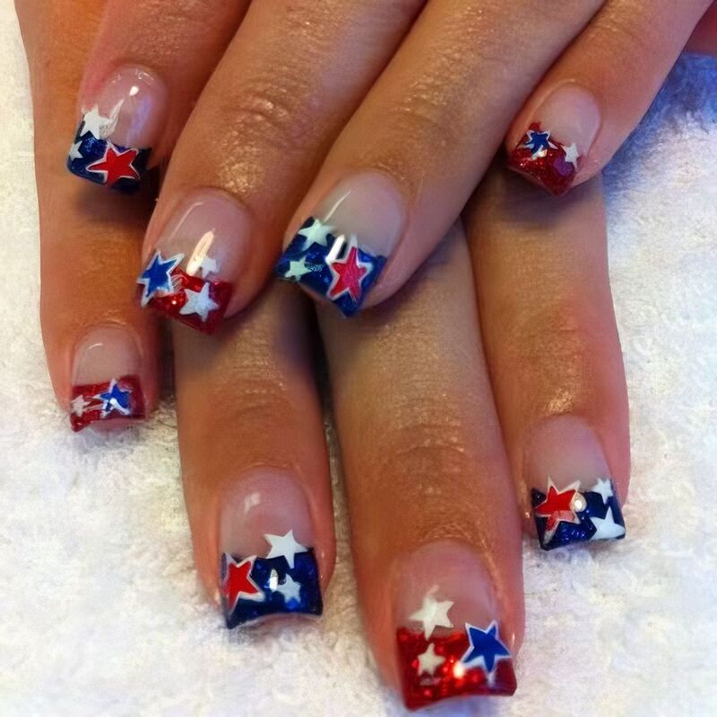 American Independence Day Blue Red Flash French Short Square Five-pointed Star Design Wear Nail Art Patch Finished Fake Nail
