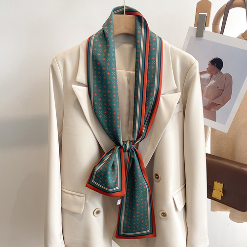 Green small silk scarf for women, Korean small scarf, long spring, autumn and summer, thin, fashionable and narrow, long strip with shirt