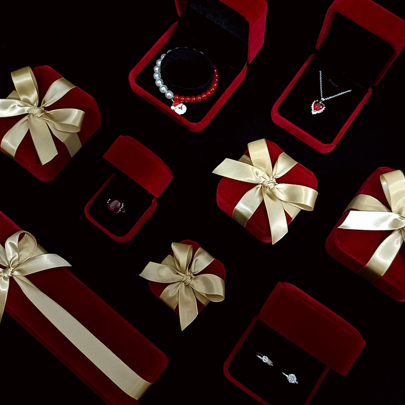 精致酒红色高档绒布珠宝首饰盒项链戒指包装结婚玉手镯收纳空盒子