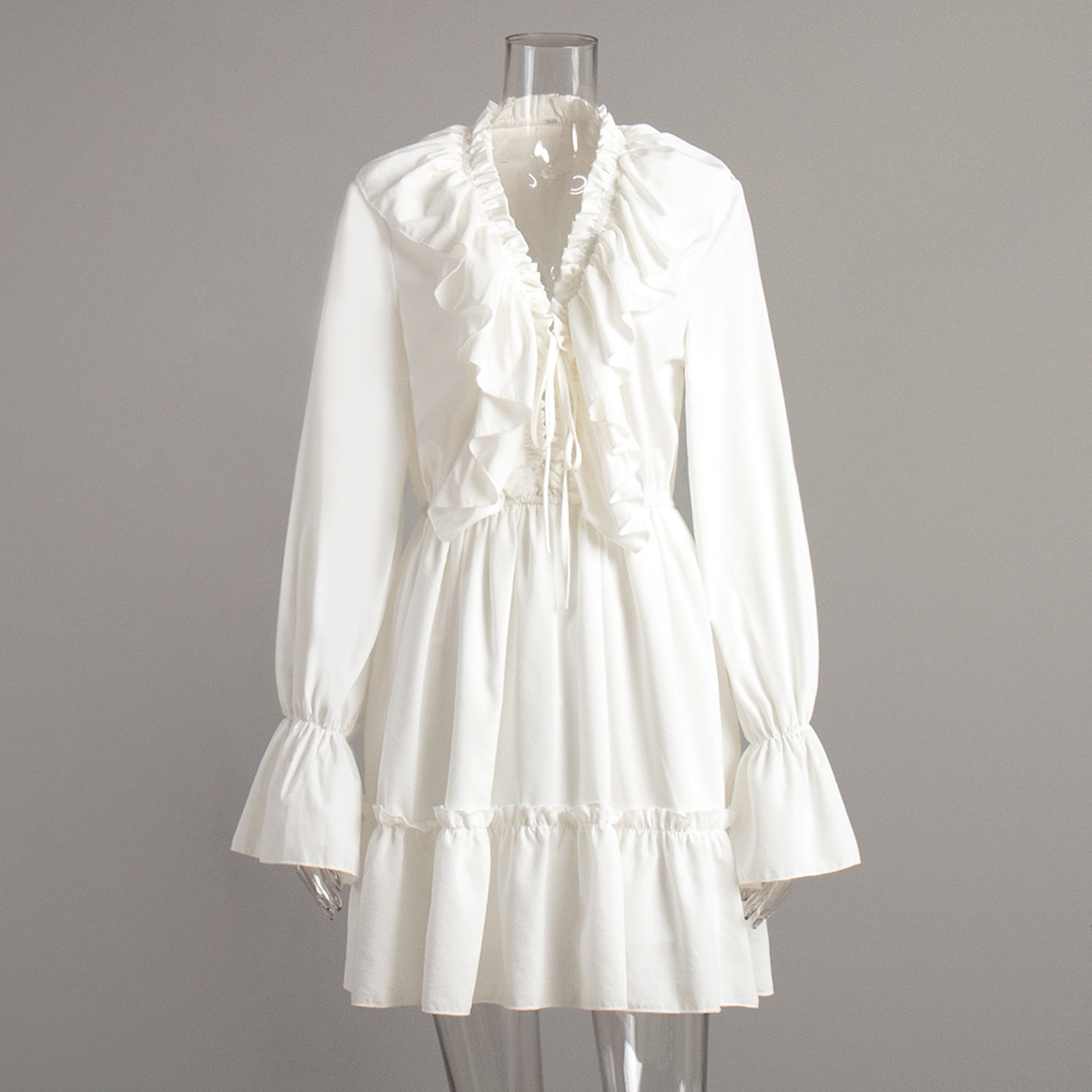 Cross-Border V-Neck Women 2025 Spring Summer New Flared Sleeve European And American Style Short Chiffon Dress_ecoleips.com