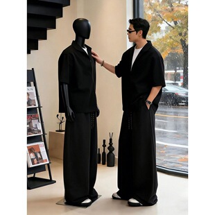 Black set, shirt, trousers, V-neckline, high-quality style, loose straight fit