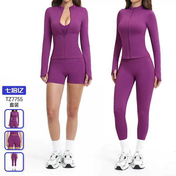 Cross-Border Seamless Stand-Up Collar Zipper Yoga Suit Jacket Windproof Slim-Fit Suit Outdoor Sports Running Suit 7755