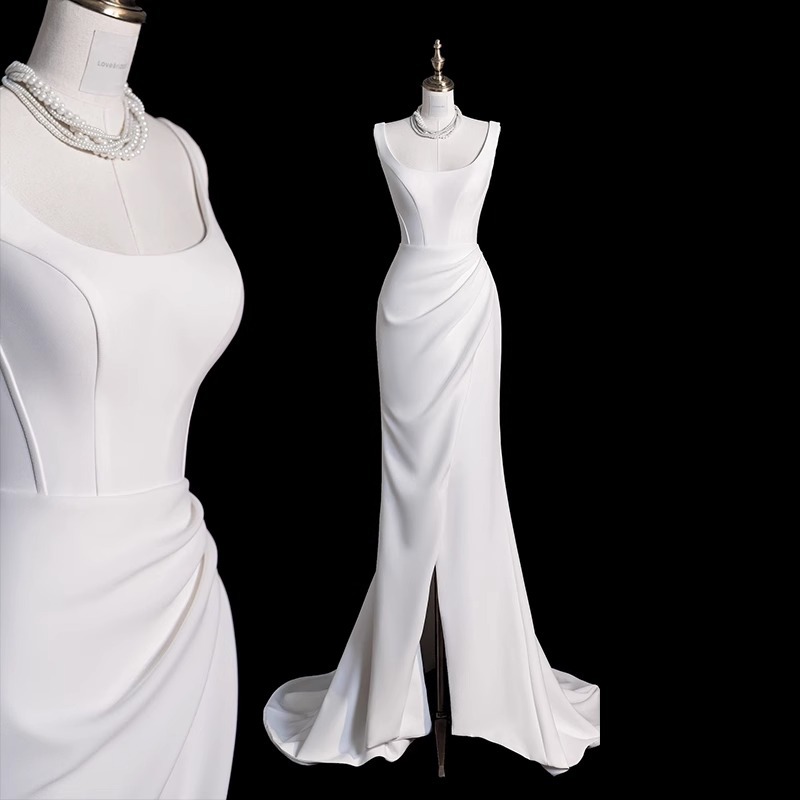 Satin Fishtail Light Wedding Dress 2026 New Style Sleeveless Bride's Going-Out Dress with Small Train French-Style Spaghetti Strap Travel Photography Dress for Women