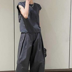 レトログレーハイウエストストレートワイドレッグパンツ + ルーズベスト女性夏 2022 新しい韓国スタイルのファッションスーツ