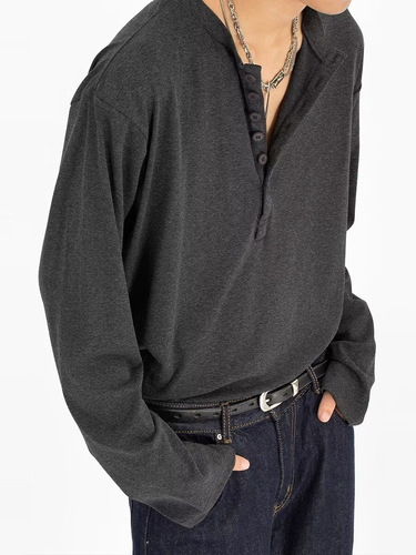 Henry collar solid color long-sleeved t-shirt, men's autumn simple loose bottomed shirt, Korean style casual all-match T-shirt