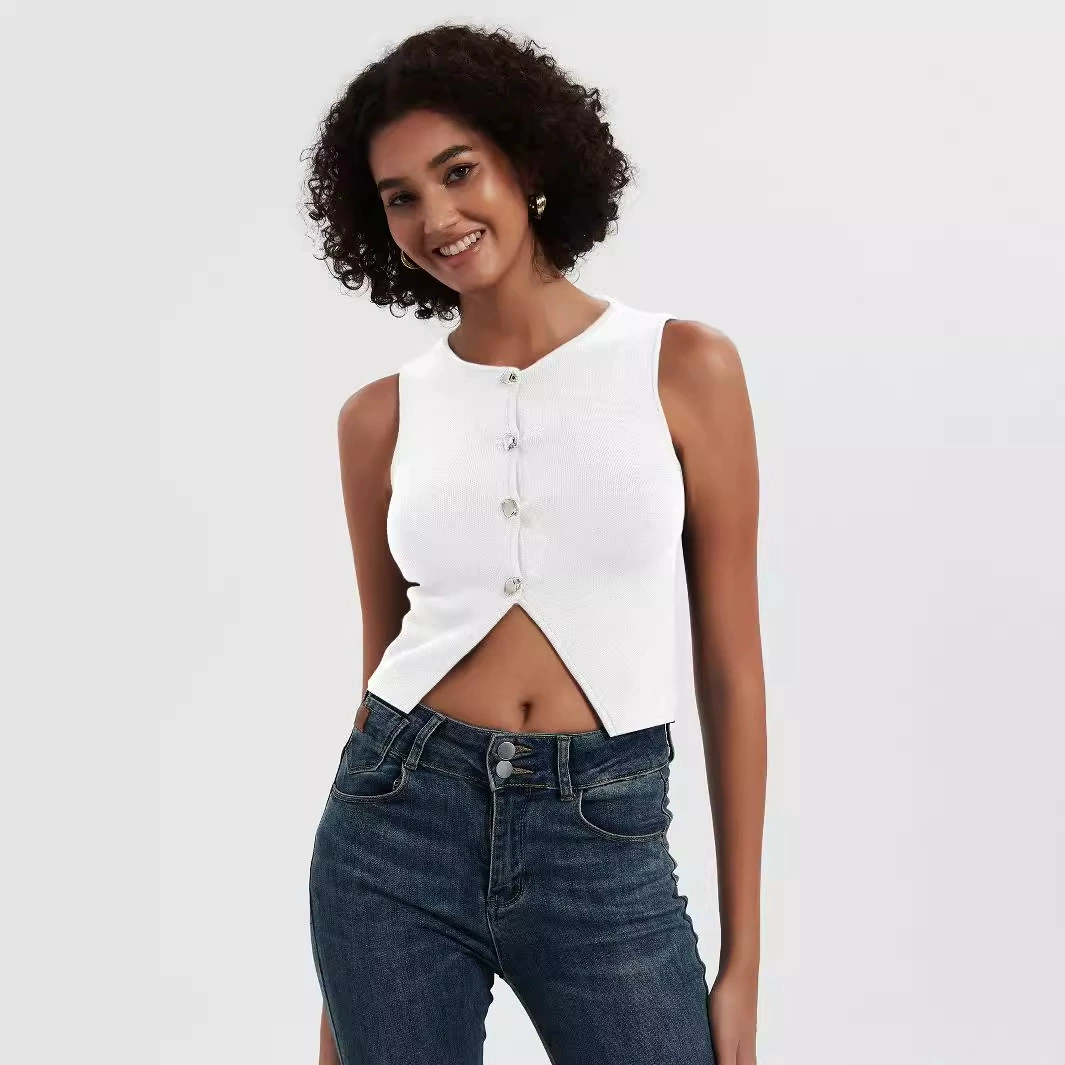 Трансграничная женская одежда оптом европейский и американский стиль трикотажный жилет однобортный без рукавов пупок короткий узкий трикотажный жилет белый