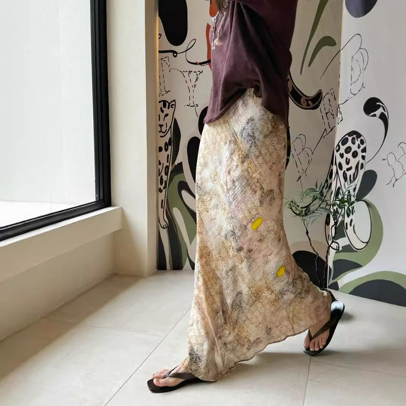 Raw Designer Brand New Chinoiserie National Style Skirt Printed Elastic Waist Twill Long Skirt