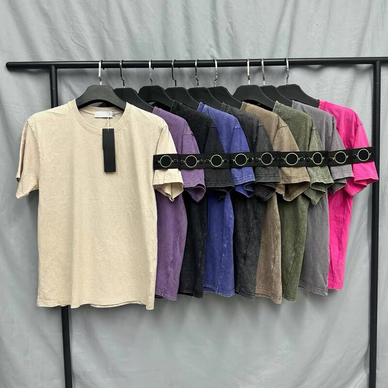 Cross-Border Stone Stone Island Embroidered Logo Trendy Brand Summer Men's Round Neck Short-Sleeve Washed Vintage Distressed Cotton Solid Color T-Shirt