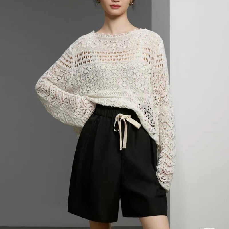 Ready Stock [Linen Normcore Style] One-Line Collar Cut Out Long-Sleeved Linen Knitwear for Women Spring and Summer New Air-Conditioned Clothing