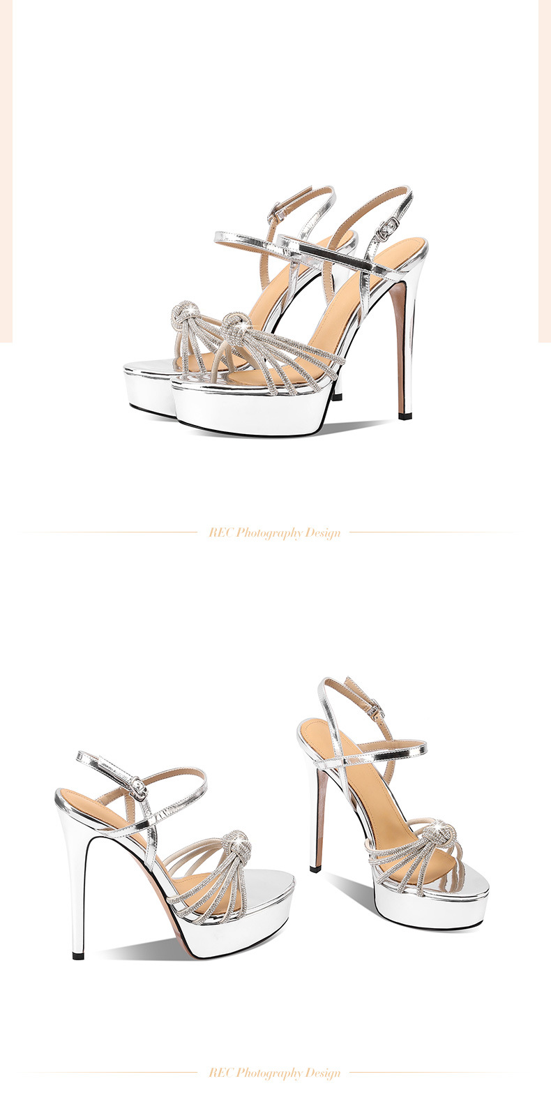 Sandal nữ cao gót 13 cm đính đá hở mũi quai mắt cá chân da thật — Bạc (13 cm) chi tiết 20