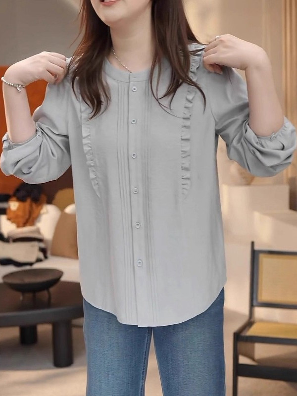 大码胖MM边拼接长袖衬衫女2025秋季显瘦宽松感轻奢上衣|undefined