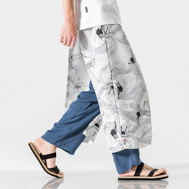 2023 New Summer Plus Size Chinese Style Crane Ancient Style Modified Hanfu Fairy Couple Cotton Linen Harem Straight Leg Pants