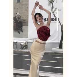 气场强大女装高级感御姐气质女神范小香风红色玫瑰抹胸裙子套装夏