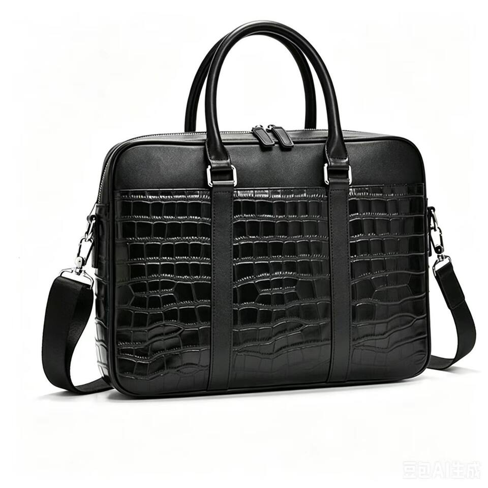 Túi xách tay nam da bò lớp đầu vân cá sấu, đeo chéo dung tích lớn 39×7×29 cm — màu đen