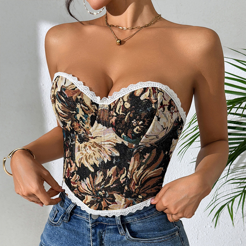 Top corset retro com barbatanas e amarração cruzada mulher_voghion.com