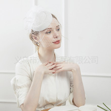 2022新款歐美白色珍珠蝴蝶結禮帽 復古網紗帽子婚紗旅拍度假帽飾