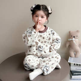 女童睡衣秋冬款法兰绒宝宝加绒加厚女孩珊瑚绒套装冬季儿童家居服