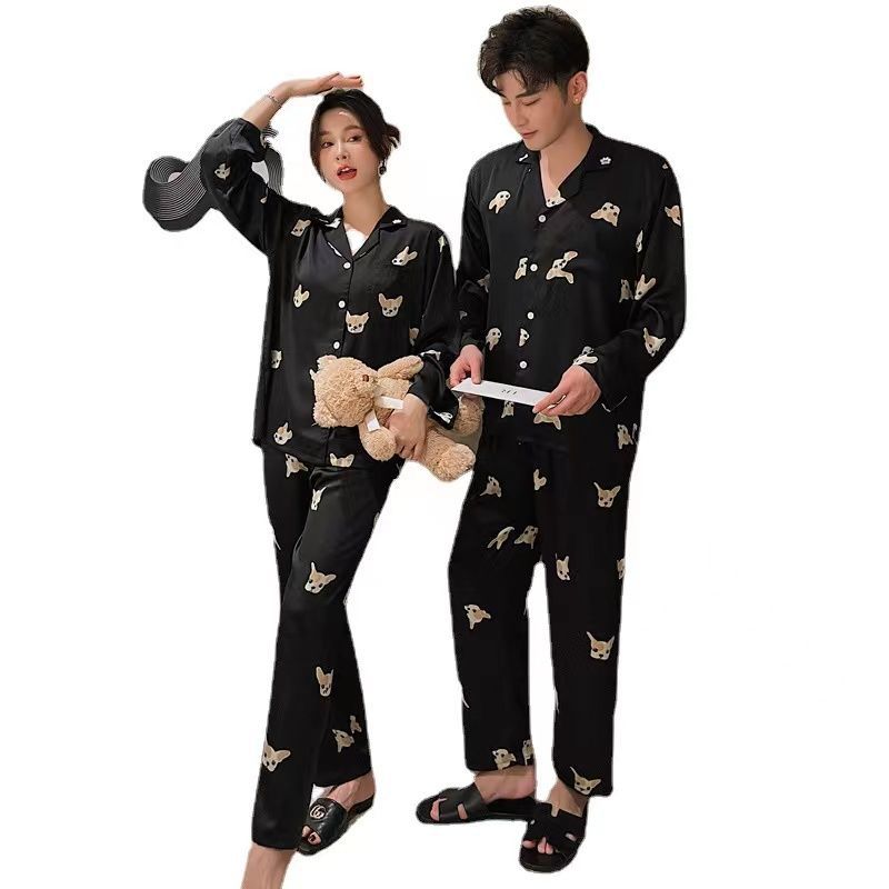 Pajamas de pareja primavera y otoño de mujeres de manga larga seda delgada japonesa inns perrito hombre imitación de seda ropa para el hogar verano