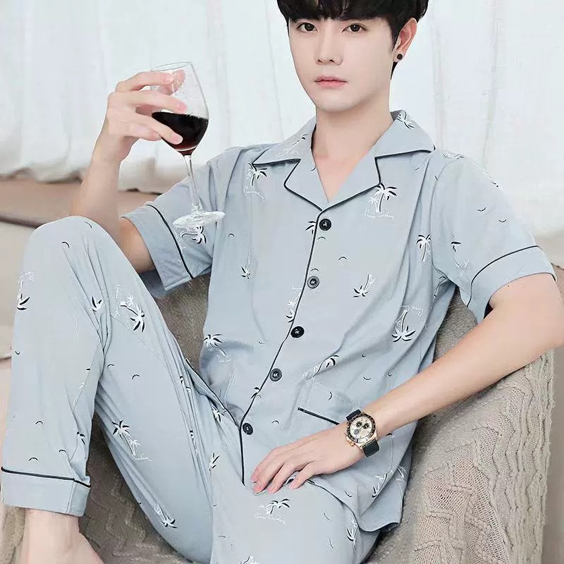 Pijamas de los hombres 100% algodón primavera y verano papá adolescentes manga corta delgada homewear traje