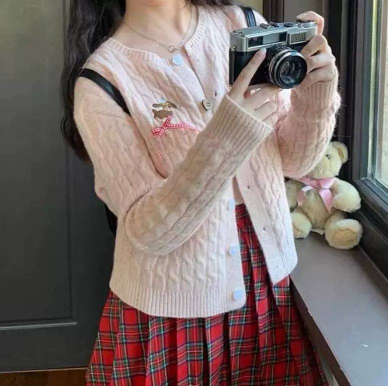 甜美少女可爱学院风薄款毛衣外套粉色麻花针织开衫女早春秋季上衣