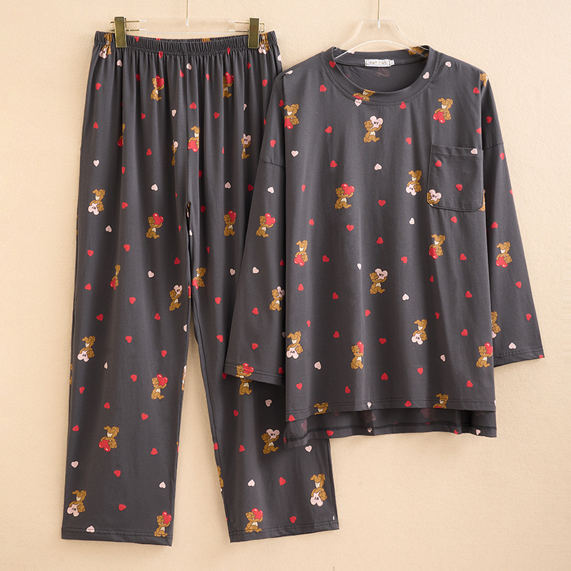 New Spring and Autumn Pajamas, Long Sleeve and Pants, Knitted Cotton, Loose Casual Women's Cartoon Plus Size Homewear Set, Wholesale