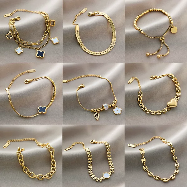 Yunyao Non-Fading Cross-Border Best-Selling Titanium Steel Bracelet for Women with Five-Leaf Clover and Diamond Inlay, Ins-Style Personality, 18K Vacuum Electroplating