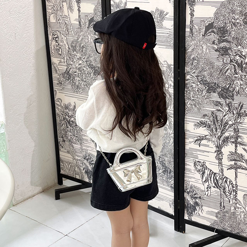 Bolso de hombro para niña coreana, canasta de fideos brillante láser, bolso de mensajero para niños, nuevo bolso para niños con cadena de lazo
