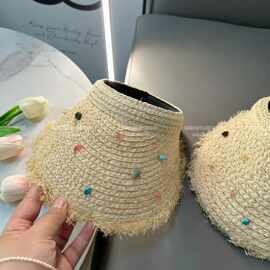 多巴胺草帽~彩色石头空顶帽子女夏季遮阳拉菲草无顶帽大檐遮阳帽