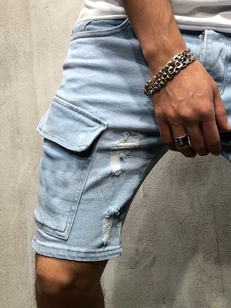 Men's Ripped Denim Shorts, Summer Stretch Cotton Cargo Shorts With Side Pockets, Slim Fit Casual Streetwear Style_viptrois.com