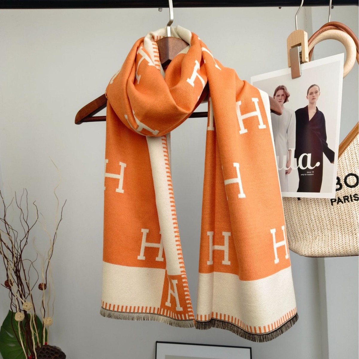 New Winter Scarf, Double-Sided, Fashionable, Thickened, H Letter Design, Faux Cashmere Neck Warmer, Warm Shawl, Short Fringe, Cross-Border