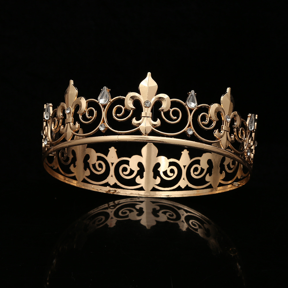Europeo y americano clásico rey accesorios para el cabello barroco completo ronda rhinestone oro aleación hombres y mujeres fiesta bola corona tocado