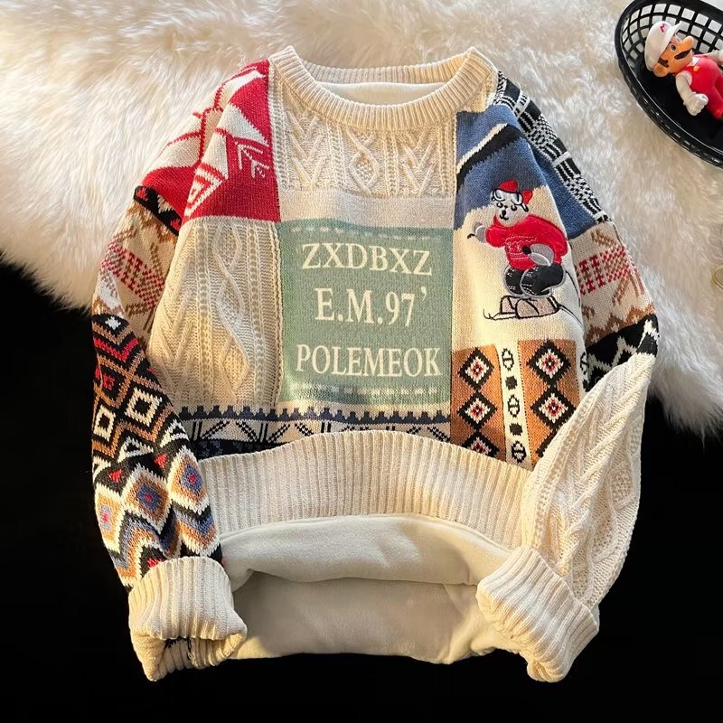 Heavy fleece-lined thickened sweater men's winter fashion brand loose lazy Christmas sweater couple's sweater sweater coat