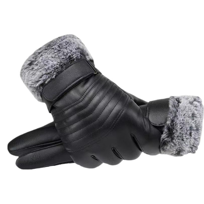 Guantes de cuero para hombres en otoño y invierno con terciopelo caliente pantalla táctil deportiva al aire libre para montar a prueba de viento y frío con algodón para conducir motocicletas