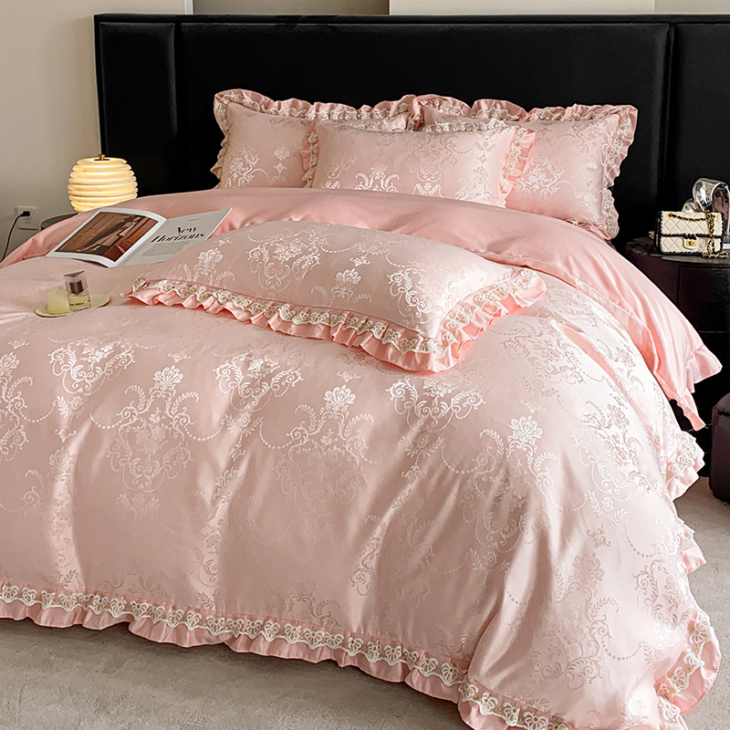 Set di biancheria da letto di classe A, lavabile, in pizzo jacquard francese romantico, composto da quattro pezzi, copripiumino e lenzuolo in seta ghiaccio fresca e setosa, double face._voghion.com