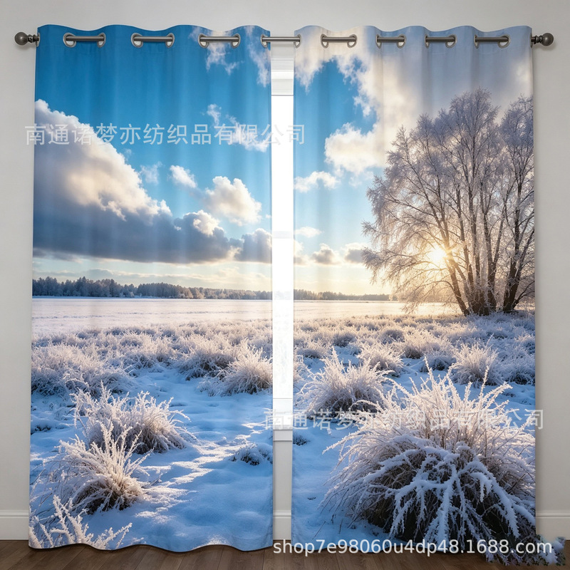Winter snow and frost landscape curtains, Nantong digital print blackout curtains, cross-border custom design and one-piece drop shipping Winter snow and frost landscape curtains, Nantong digital print blackout curtains, cross-border custom design and one-piece drop shipping