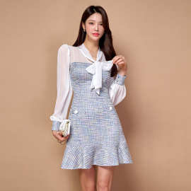 欧韩女装新款法式小香风连衣裙女长袖假两件蝴蝶结格子包臀鱼尾裙
