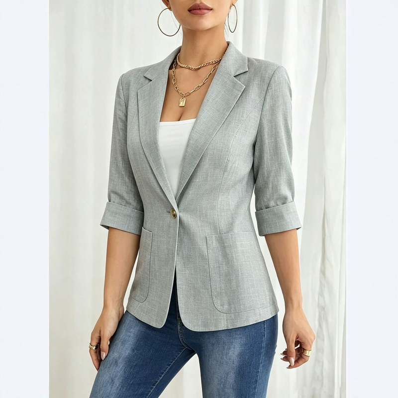 2026 Autumn New Elegant Solid Color Fashion Pocket Blazer Women's Button-Up Jacket Summer Thin Style 2026 Autumn New Elegant Solid Color Fashion Pocket Blazer Women's Button-Up Jacket Summer Thin Style
