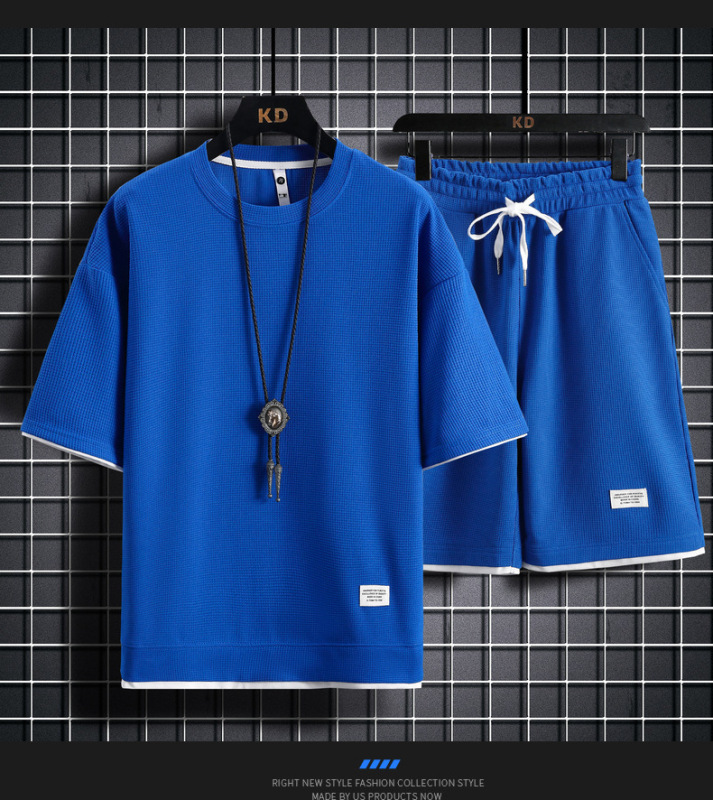 新款华夫格夏季休闲运动服宽松套装男士夏装潮流短袖T恤两件套|undefined