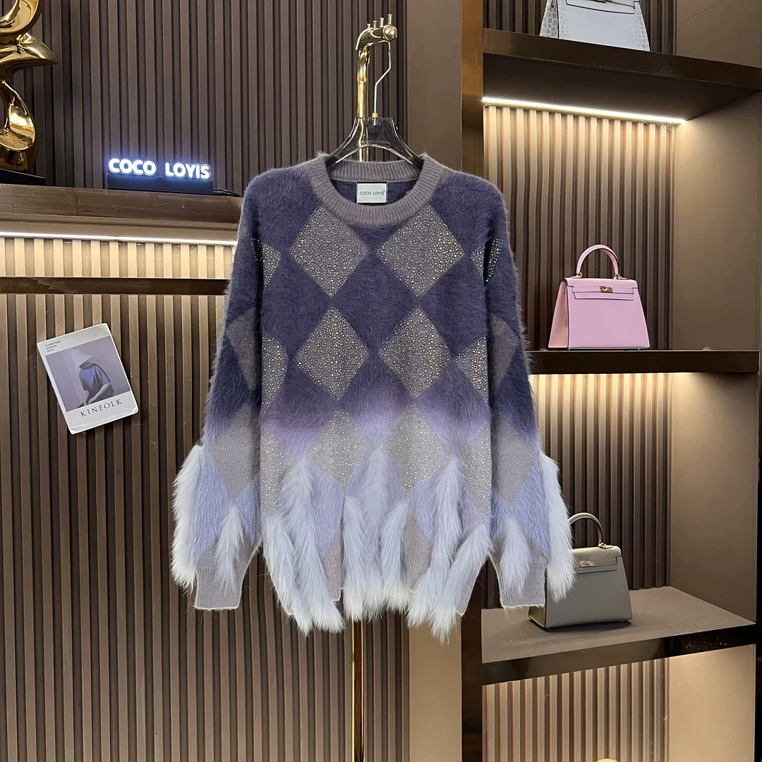 2024 зимний новый сетевой красный вязаный модный дикий свободный округлый воротник градиентный водяной свитер