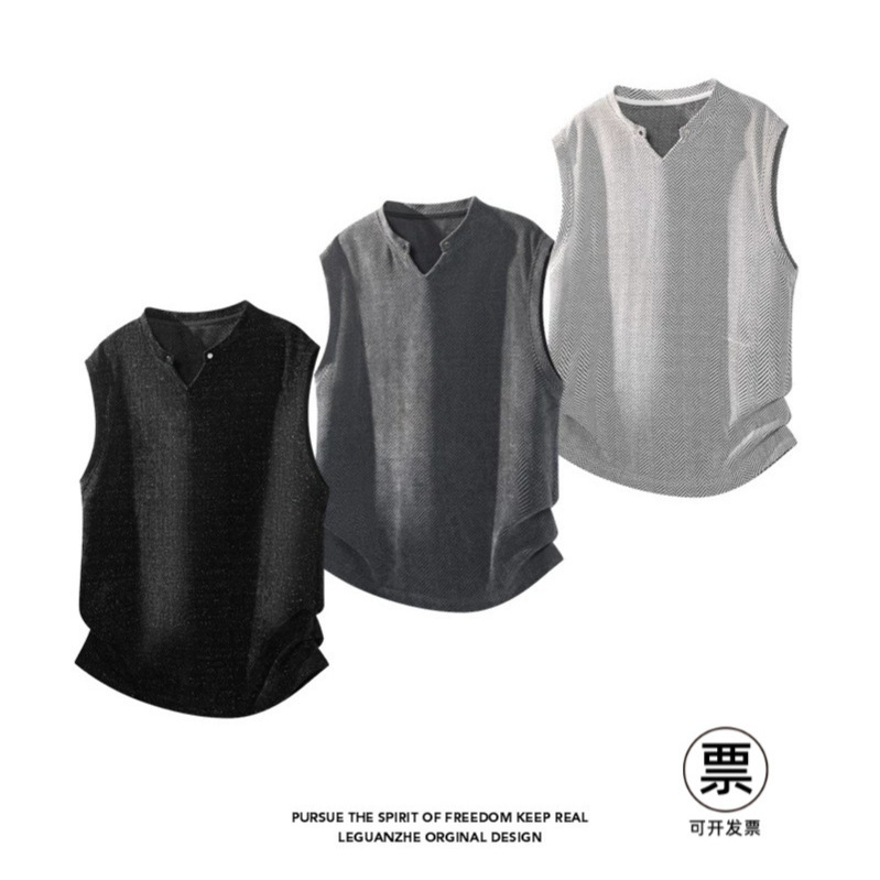 American Retro Herringbone Pattern Vest for Men, Summer Lightweight Fitness Sports Trendy Brand Cool V-Neck Sleeveless T-Shirt