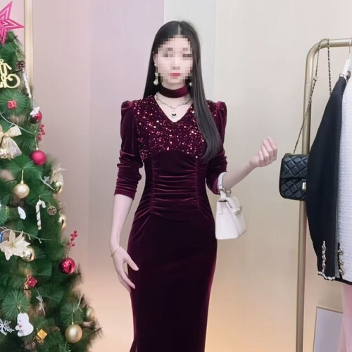 French royal style sexy split high waist slimming long-sleeved dress for women in winter Hepburn style pure desire all-match dress
